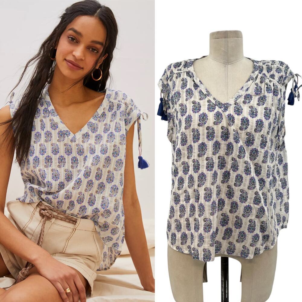 Anthropologie Terra Shirred Blouse Top Tassel Cream White Blue Purple Size Small